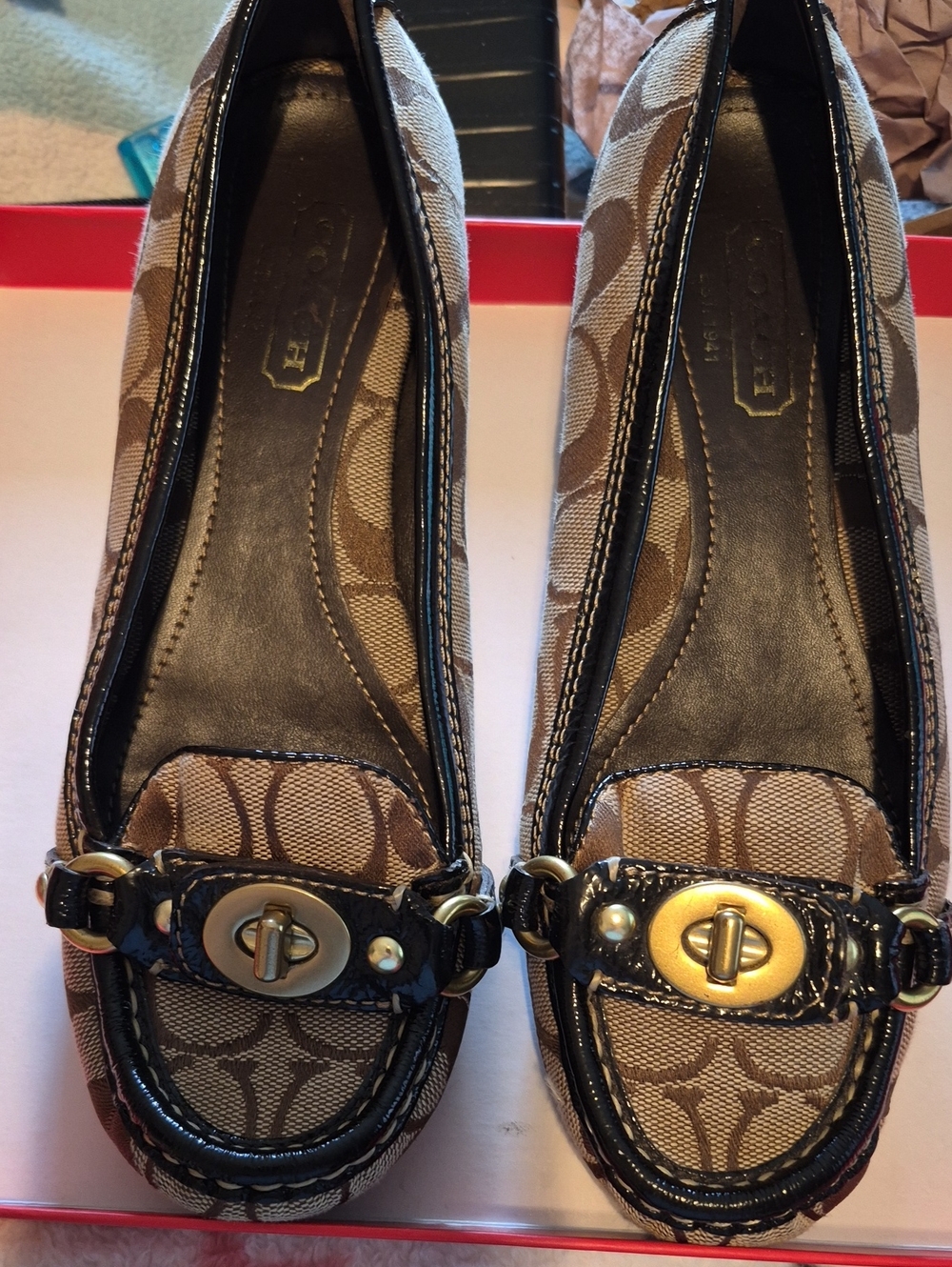 Coach Brown Signature Canvas & Black Patent Trim Loafers with Gold Hardware